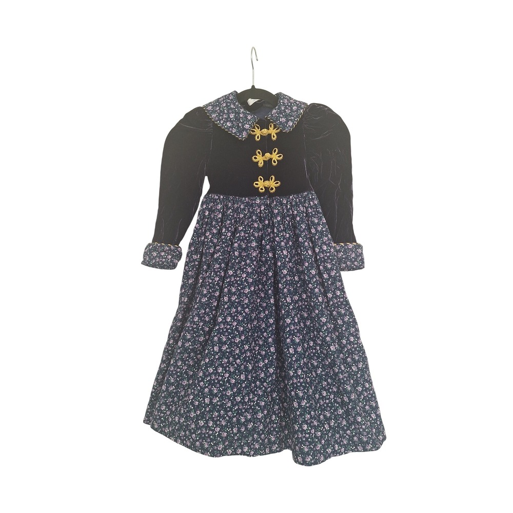Vintage Handmade Girls Velvet Floral Dress Purple Gold Frog Closure Holiday 31in